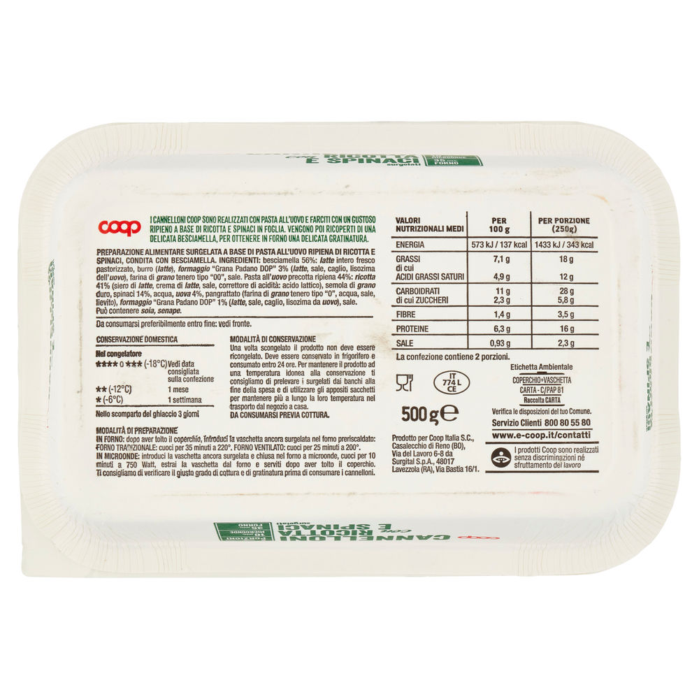 CANNELLONI CON RICOTTA E SPINACI COOP SURG. VASCHETTA SURG. G 500 - 1