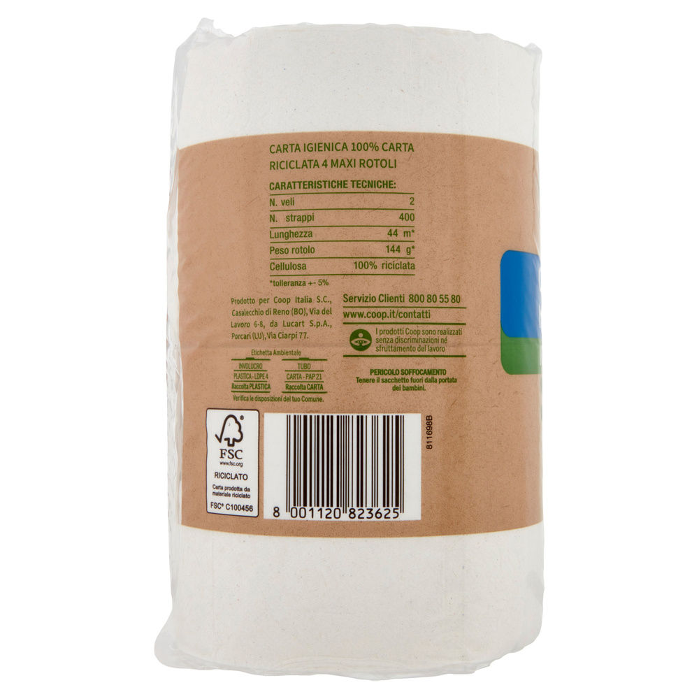 CARTA IGIENICA COOP VIVI VERDE MAXIROTOLI ECOLABEL 2VELI 400STRAPPI PZ 4 - 4