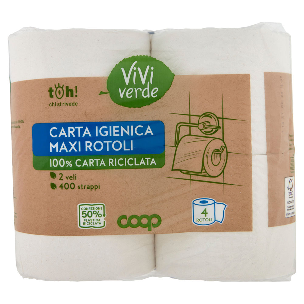 CARTA IGIENICA COOP VIVI VERDE MAXIROTOLI ECOLABEL 2VELI 400STRAPPI PZ 4 - 1