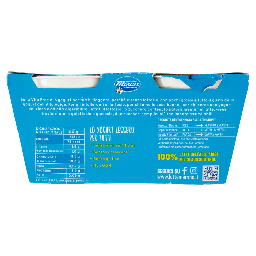 YOGURT BELLA VITA FREE SENZA LATTOSIO MERANO VANIGLIA 2X125G - 1
