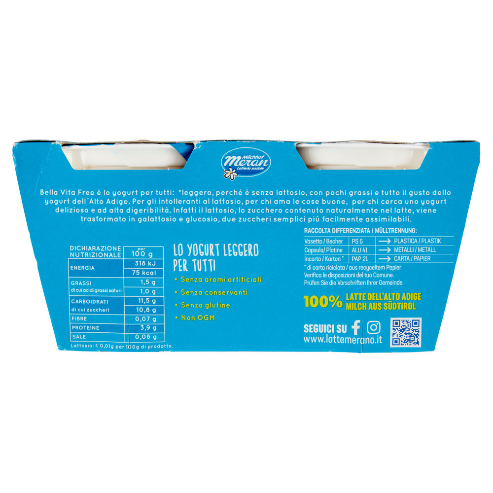 YOGURT BELLA VITA FREE SENZA LATTOSIO MERANO PESCA/ALBICOCCA 2X125G - 1