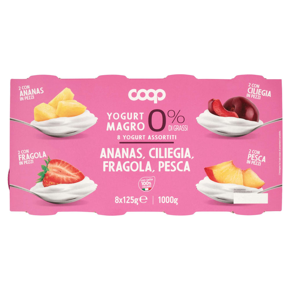 Yogurt magro 0% pesca/ciliegia/fragola/ananas coop g 125 x 8