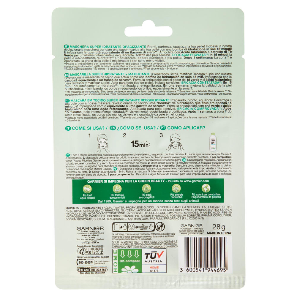 MASCHERA VISO IN TESSUTO GARNIER SKIN ACTIVE HYDRA BOMB OPACIZZANTE PZ.1 - 1