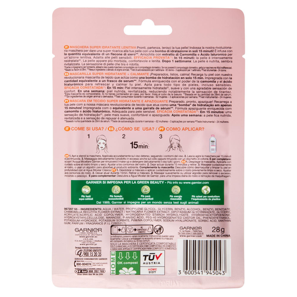 MASCHERA VISO IN TESSUTO GARNIER SKIN ACTIVE HYDRA BOMB LENITIVA PZ.1 - 1