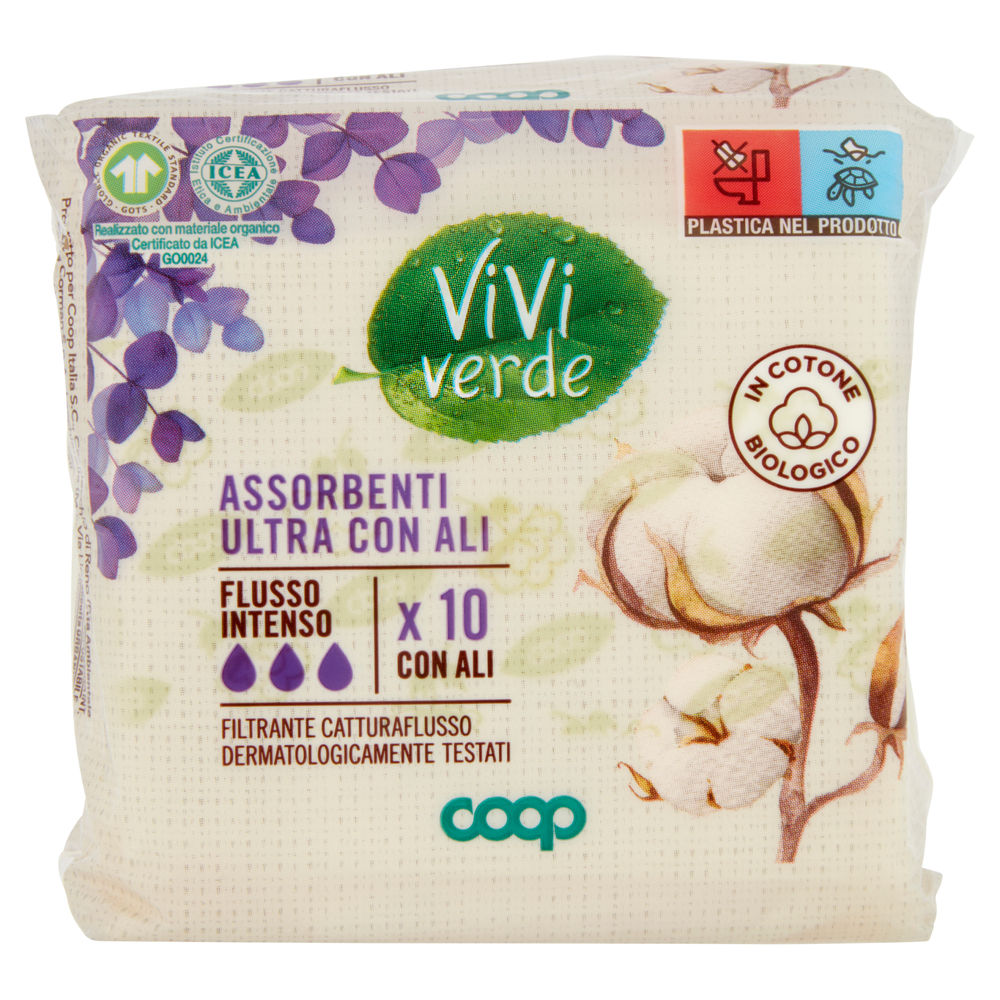 ASSORBENTI ULTRA SOTTILI COTONE BIO C/ALI NOTTE FL.INTENSO VIVI VERDE COOP PZ.10 - 0