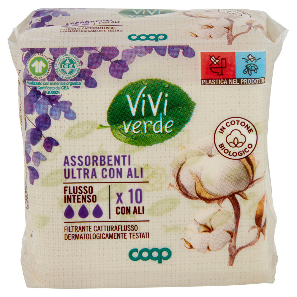 ASSORBENTI ULTRA SOTTILI COTONE BIO C/ALI NOTTE FL.INTENSO VIVI VERDE COOP PZ.10 - 2