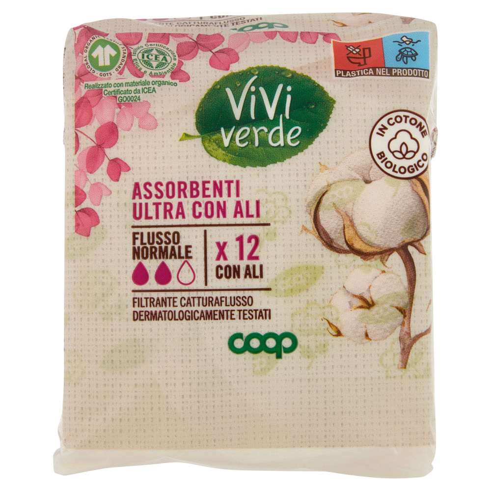 ASSORBENTI ULTRA SOTTILI COTONE BIO C/ALI GIORNO FL.NORM.VIVI VERDE COOP PZ.12 - 0