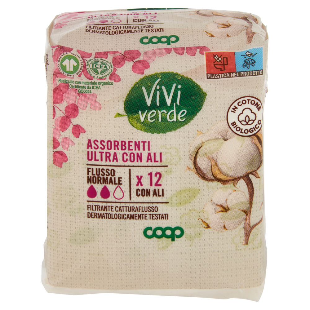 ASSORBENTI ULTRA SOTTILI COTONE BIO C/ALI GIORNO FL.NORM.VIVI VERDE COOP PZ.12 - 2