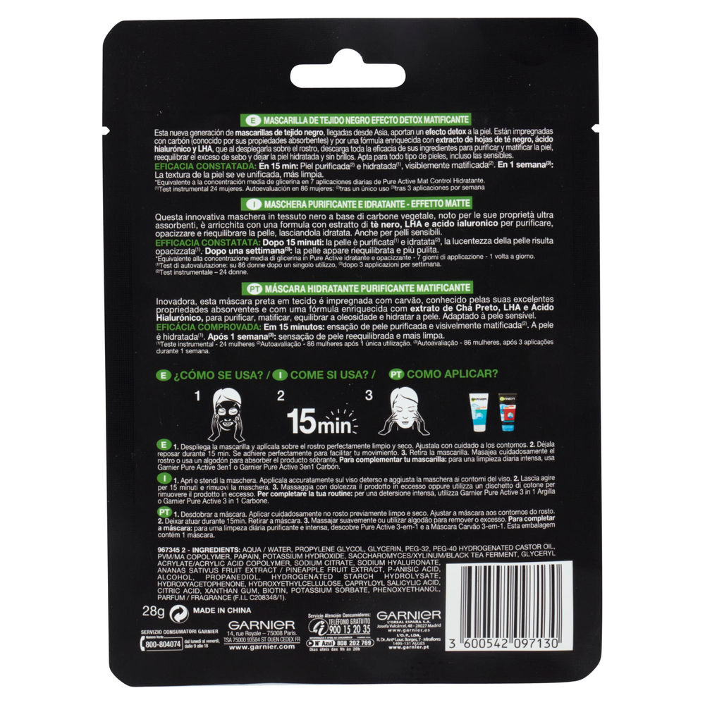MASCHERA NERA IN TESSUTO PURE CHARCOAL PURIFICA E IDRATA GARNIER PZ.1 - 1