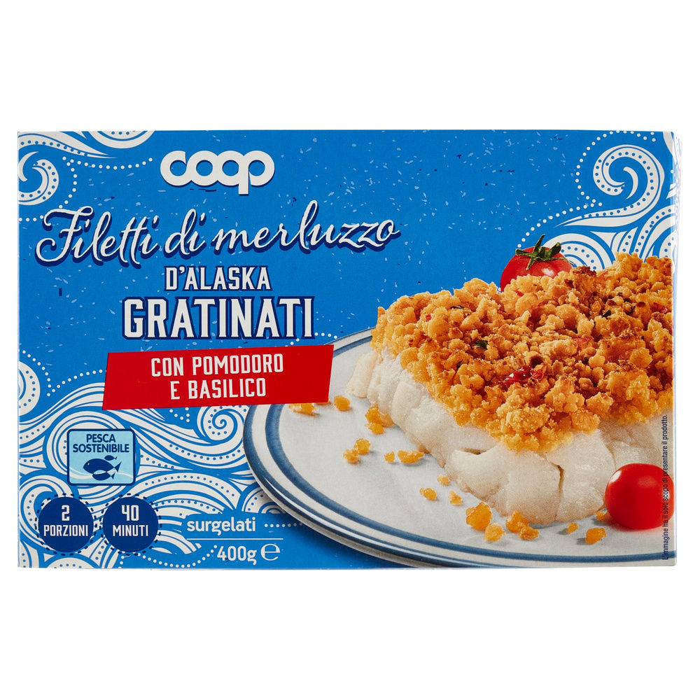 FILETTI DI MERLUZZO D'ALASKA GRATINATI CON POMODORO E BASILICO COOP G 400 - 2