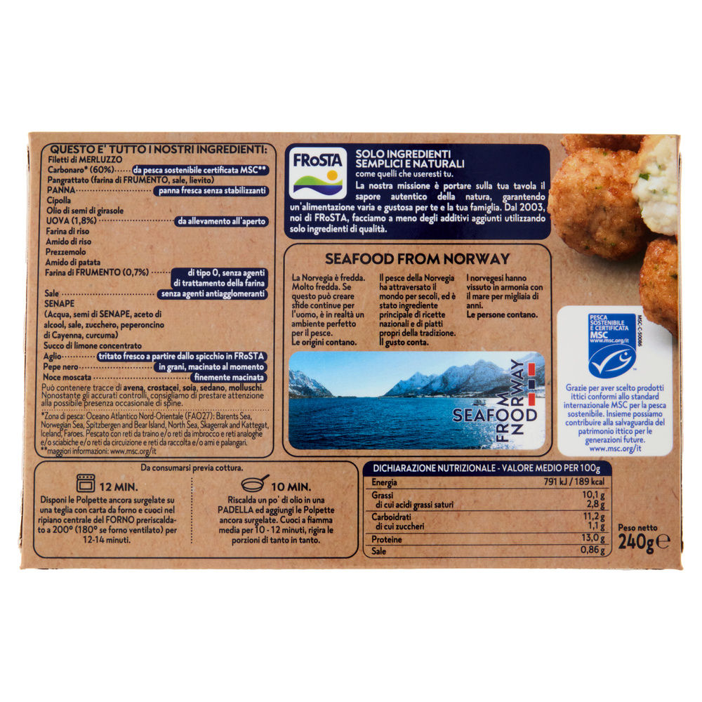 POLPETTE DI MERLUZZO DELLA NORVEGIA MSC FROSTA SCATOLA G 240 - 1