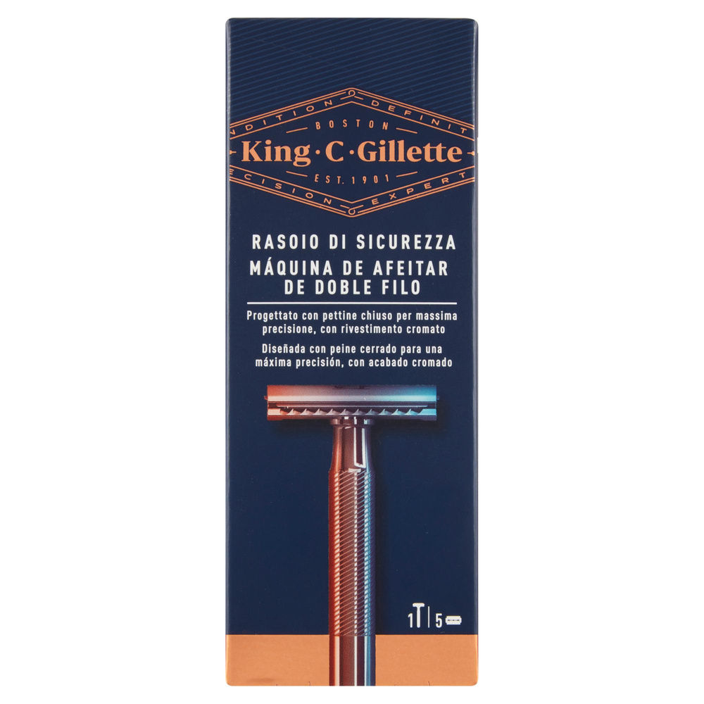 RASOIO DI SICUREZZA KING C GILLETTE PETTINE CHIUSO MAX PRECISIONE + 5 LAME PZ.1 - 5