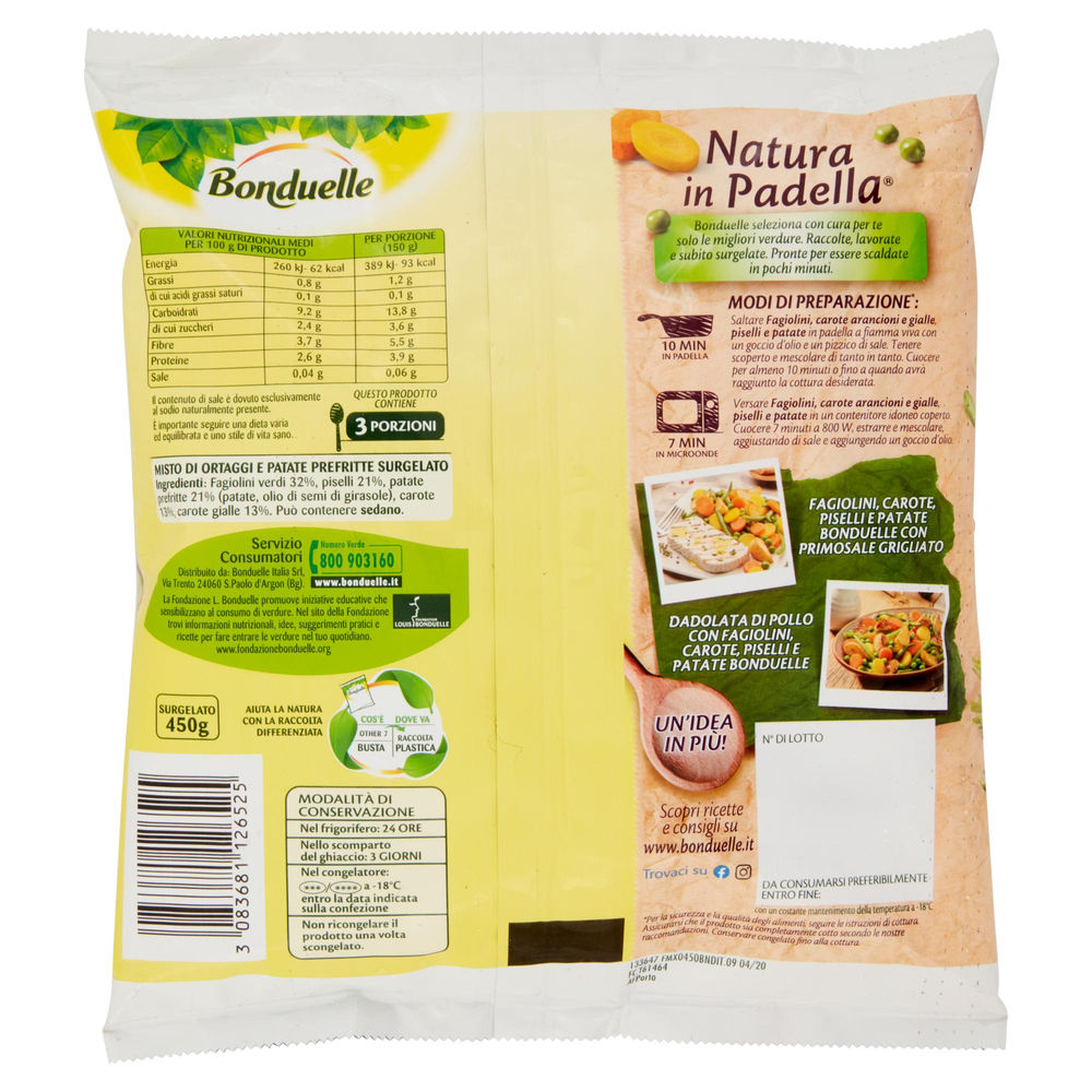 FAGIOLINI, CAROTE ARANCIONI E GIALLE, PISELLI E PATATE BONDUELLE BUSTA G 450 - 1
