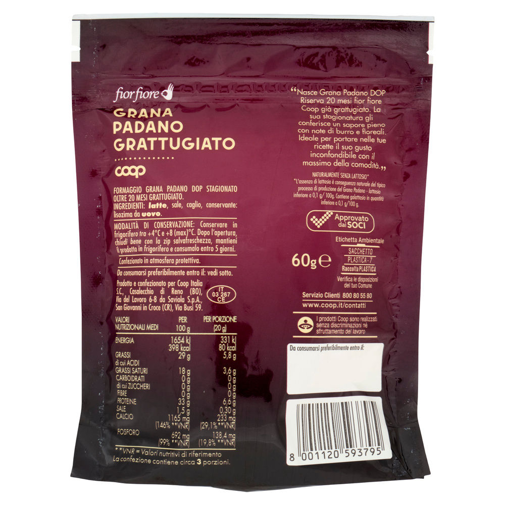 GRANA PADANO D.O.P RISERVA 20 M GRATTUGIATO FIOR FIORE COOP BS GR 60 - 2