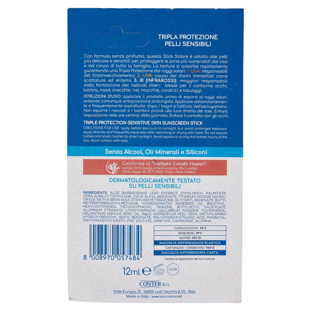SOLARE STICK LEOCREMA TRIPLA PROTEZIONE PELLI SENSIBILI SPF 50+ ML 12 - 1