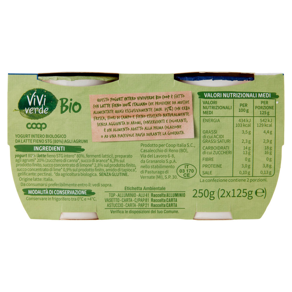 YOGURT INTERO BIO VIVI VERDE COOP AGRUMI 2X125G - 1
