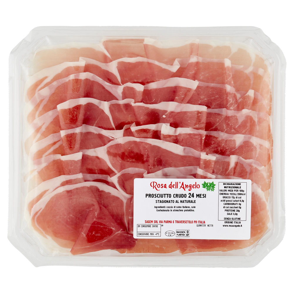 PROSCIUTTO CRUDO A FETTE 24 MESI "ROSA DELL'ANGELO" VASCHETTA G 140 CA - 0