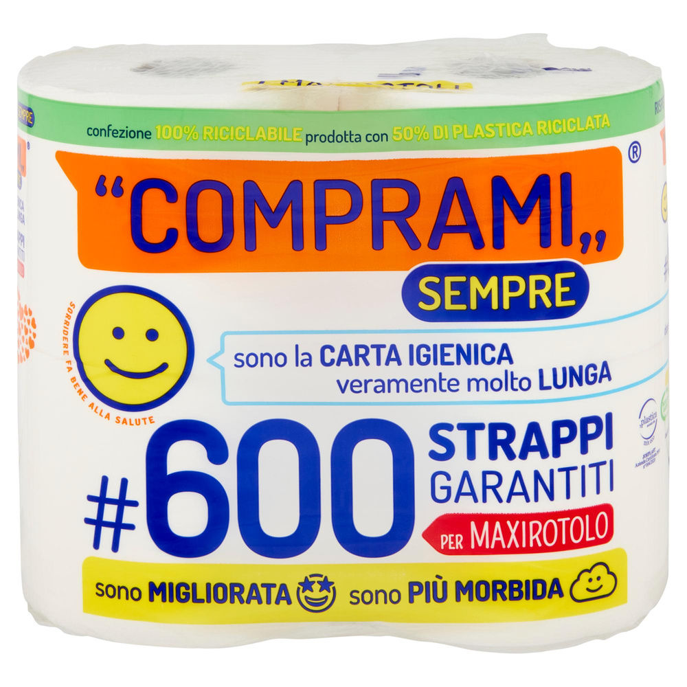 CARTA IGIENICA COMPRAMI SEMPRE MAXI CONF.PCR 50%PLAST.RICICLAT.2VELI 600STR PZ.4 - 6
