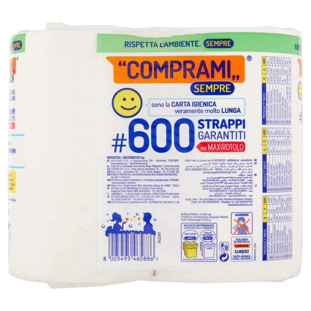 CARTA IGIENICA COMPRAMI SEMPRE MAXI CONF.PCR 50%PLAST.RICICLAT.2VELI 600STR PZ.4 - 1