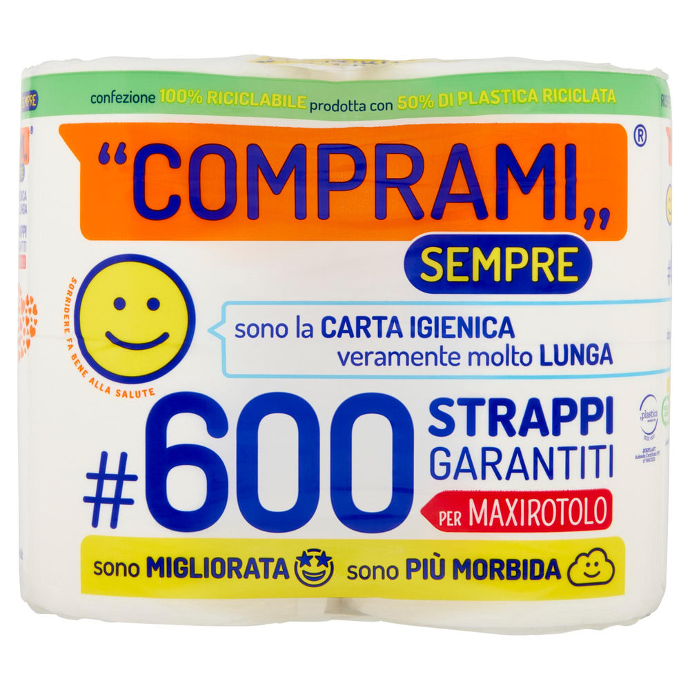 CARTA IGIENICA COMPRAMI SEMPRE MAXI CONF.PCR 50%PLAST.RICICLAT.2VELI 600STR PZ.4 - 0