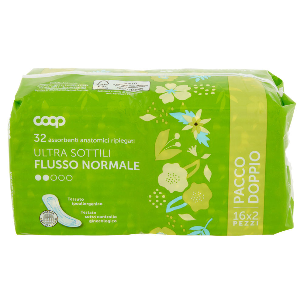 ASSORBENTI ULTRA SOTTILI FLUSSO NORMALE ANATOMICI RIPIEGATI COOP 2X PZ.16 - 2