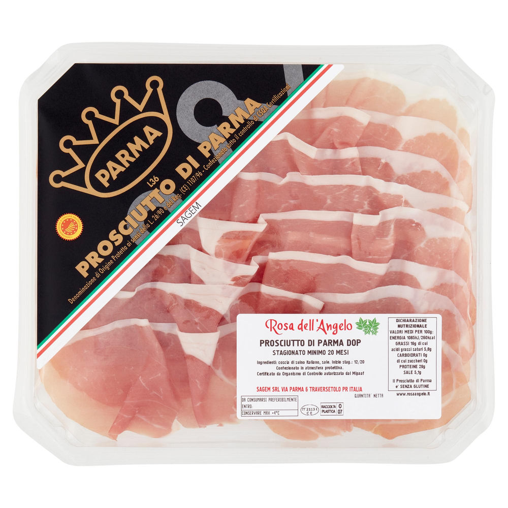 PROSCIUTTO DI PARMA DOP 20 MESI A FETTE "ROSA DELL' ANGELO" VASCHETTA 140 G CA - 0