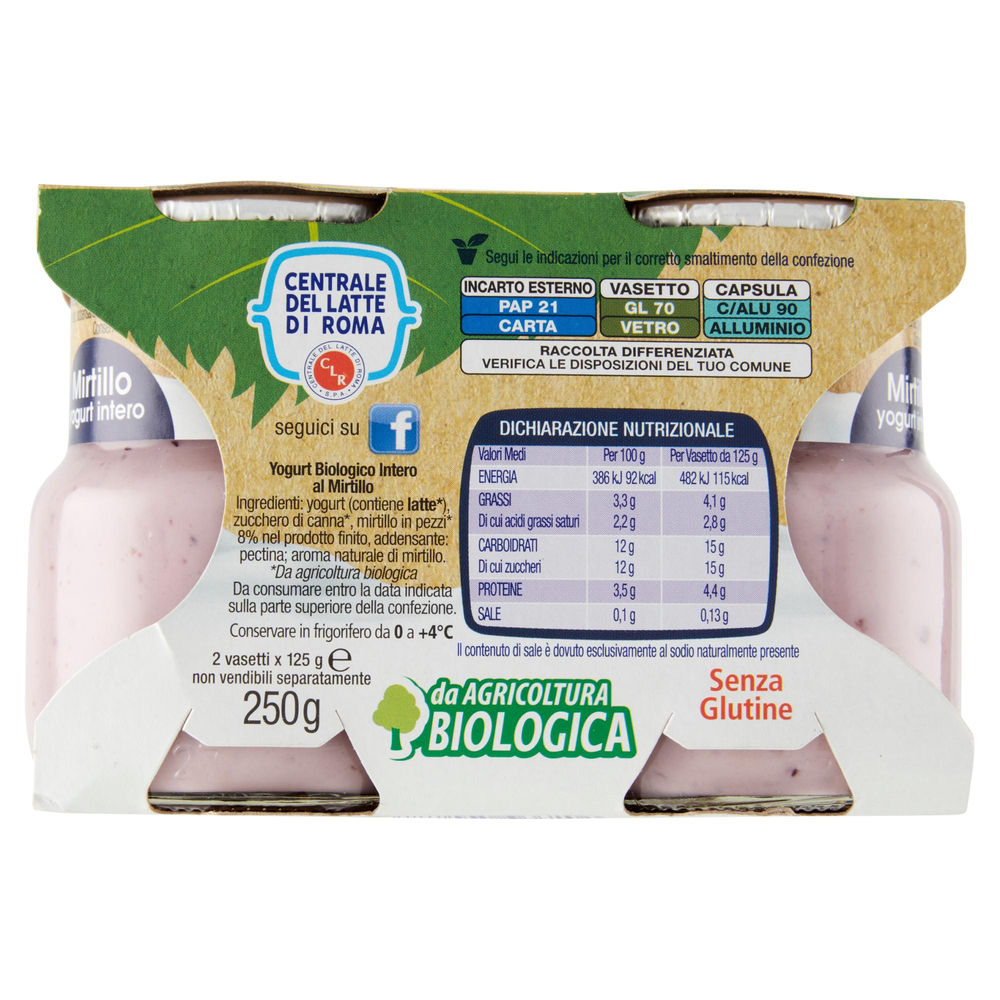 YOGURT BIO INTERO MIRTILLO CENTRALE DEL LATTE DI ROMA 2X125 G - 1