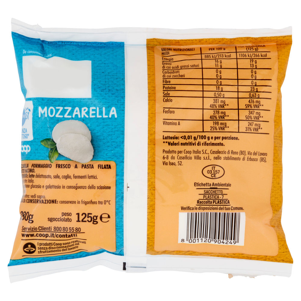 MOZZARELLA SENZA LATTOSIO BENESI' COOP BUSTA G 280 SGOCC. G 125 - 1