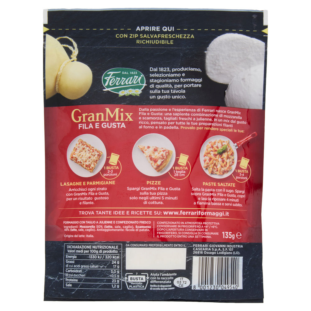 FORMAGGIO GRATTUGIATO GRANMIX MOZZARELLA/SCAMORZA BUSTA 135G - 1