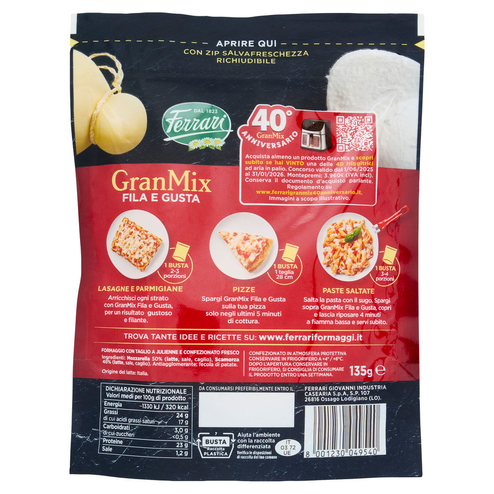 FORMAGGIO GRATTUGIATO GRANMIX MOZZARELLA/SCAMORZA BUSTA 135G - 12