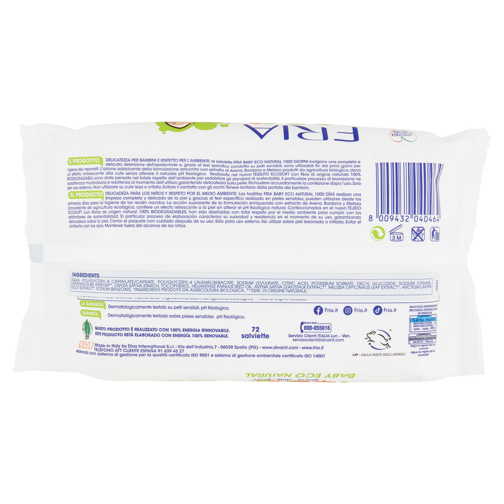 SALVIETTE FRIA BABY 1000 GIORNI ECO NATURAL RIEQUILIBRANTI C/COPERCHIO PZ.72 - 1