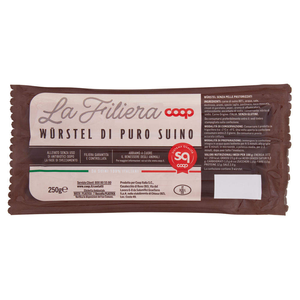 Wurstel puro suino senza antibiotici dopo svezzamento origine coop pz3 sv g 250