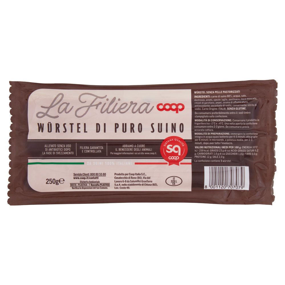 WURSTEL PURO SUINO SENZA ANTIBIOTICI DOPO SVEZZAMENTO ORIGINE COOP PZ3 SV G 250 - 2