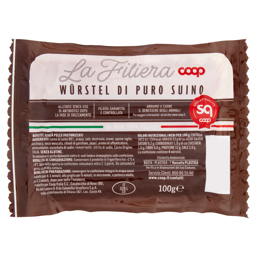 Wurstel puro suino senza antibiotici dopo svezz origine coop pz 4 sv g 100