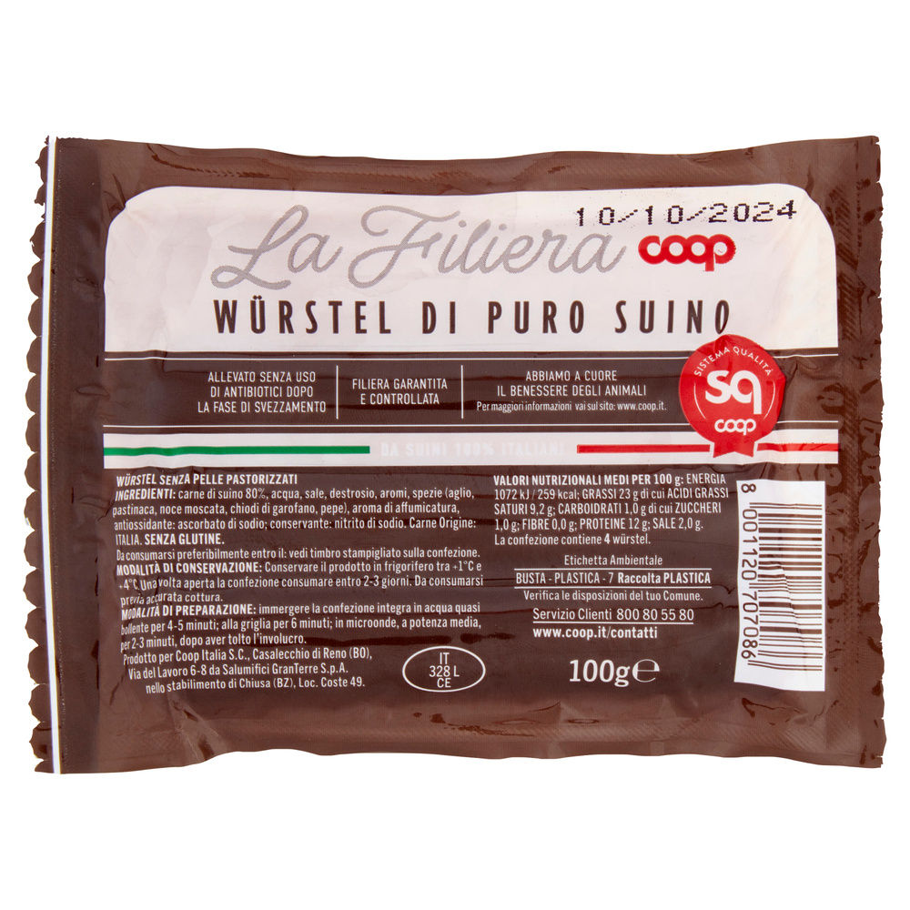WURSTEL PURO SUINO SENZA ANTIBIOTICI DOPO SVEZZ ORIGINE COOP PZ 4 SV G 100 - 4