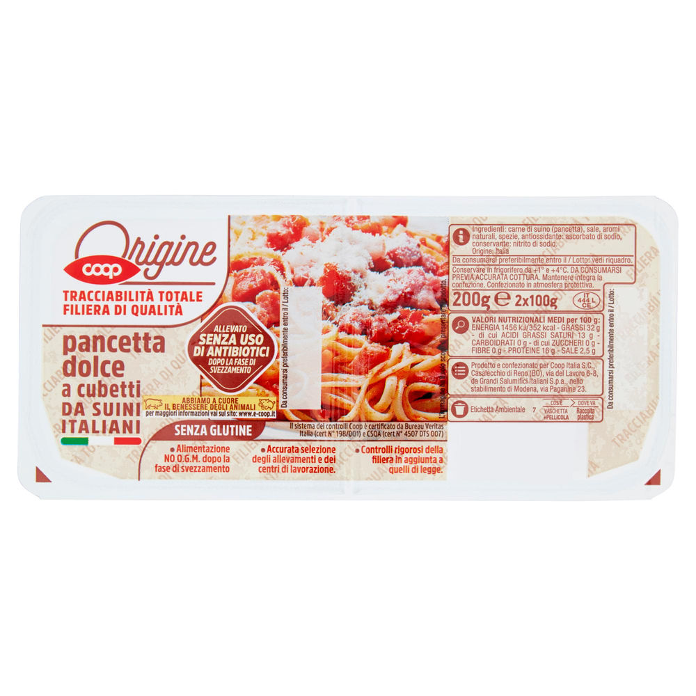 PANCETTA DOLCE CUBETTI SUINI ALL.S/ANTIB. DOPO SVEZZ COOP PZ 2 VH G 200 - 1