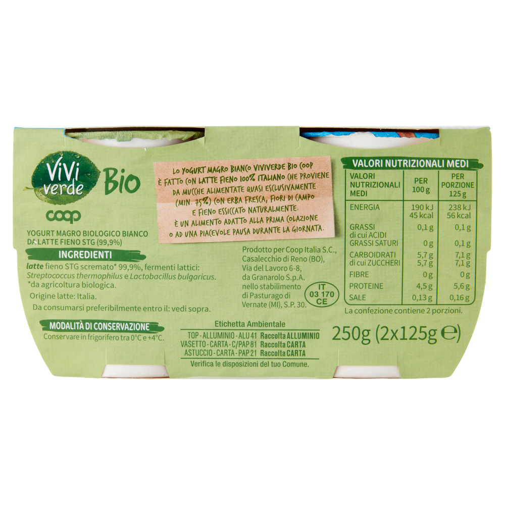 YOGURT MAGRO 0,1% BIO VIVI VERDE COOP BIANCO 2X125G - 1