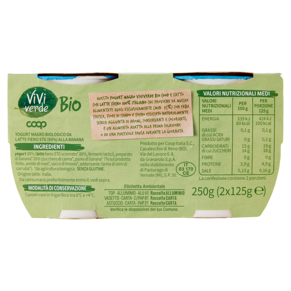 YOGURT MAGRO 0,1% BIO VIVI VERDE COOP BANANA 2X125G - 1