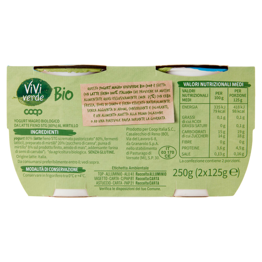 YOGURT MAGRO 0,1% BIO VIVI VERDE COOP MIRTILLO NERO 2X125G - 1