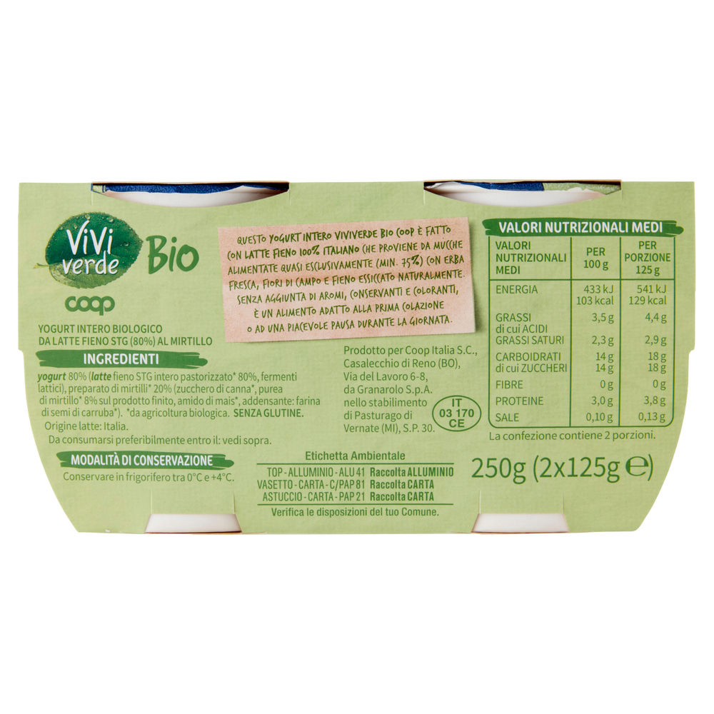 YOGURT INTERO BIO VIVI VERDE COOP MIRTILLO 2X125G - 1