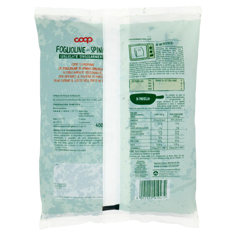 SPINACI IN FOGLIOLINE SURG.SINGOLARMENTE PER MICROONDE COOP G 400 - 1