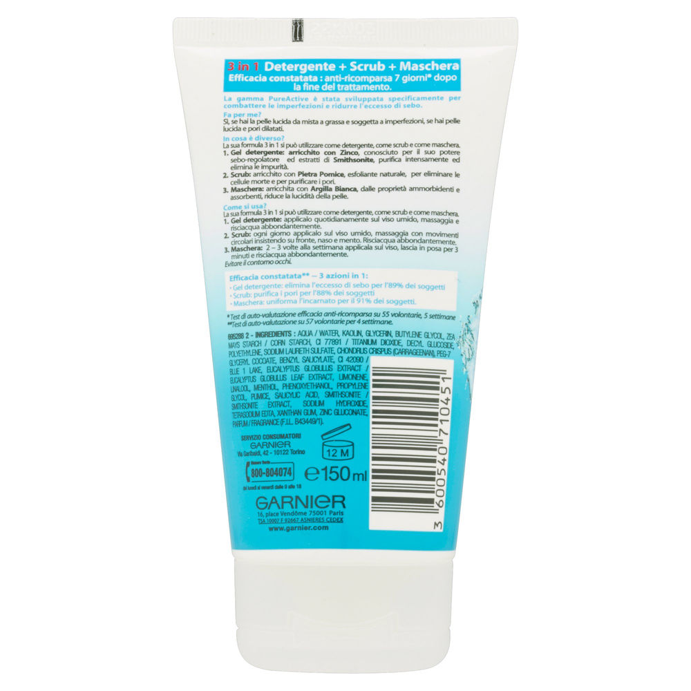 GEL DETERGENTE SCRUB MASCHERA GARNIER SKIN NATURALS PURE ACTIVE 3IN1 ML 150 - 1
