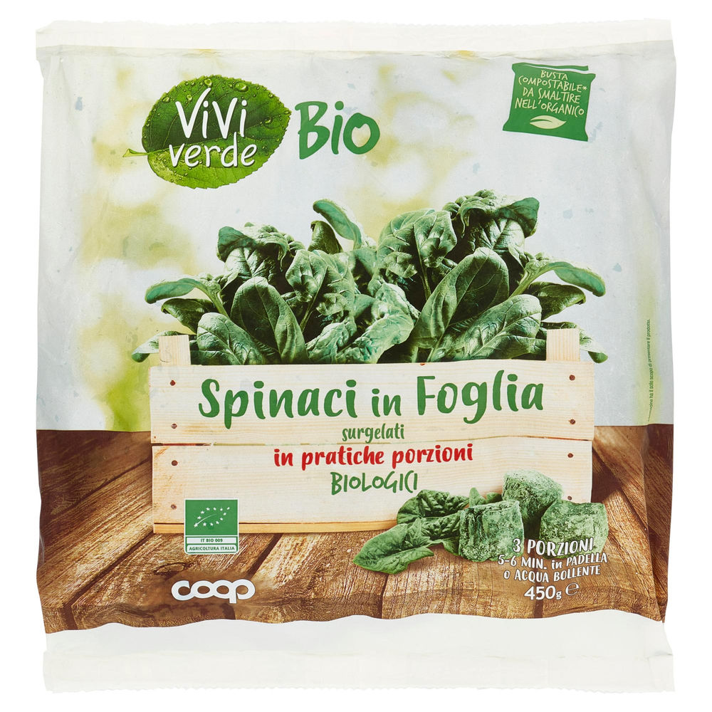 Spinaci in foglia viviverde coop surgelati da agricoltura biologica busta 450g