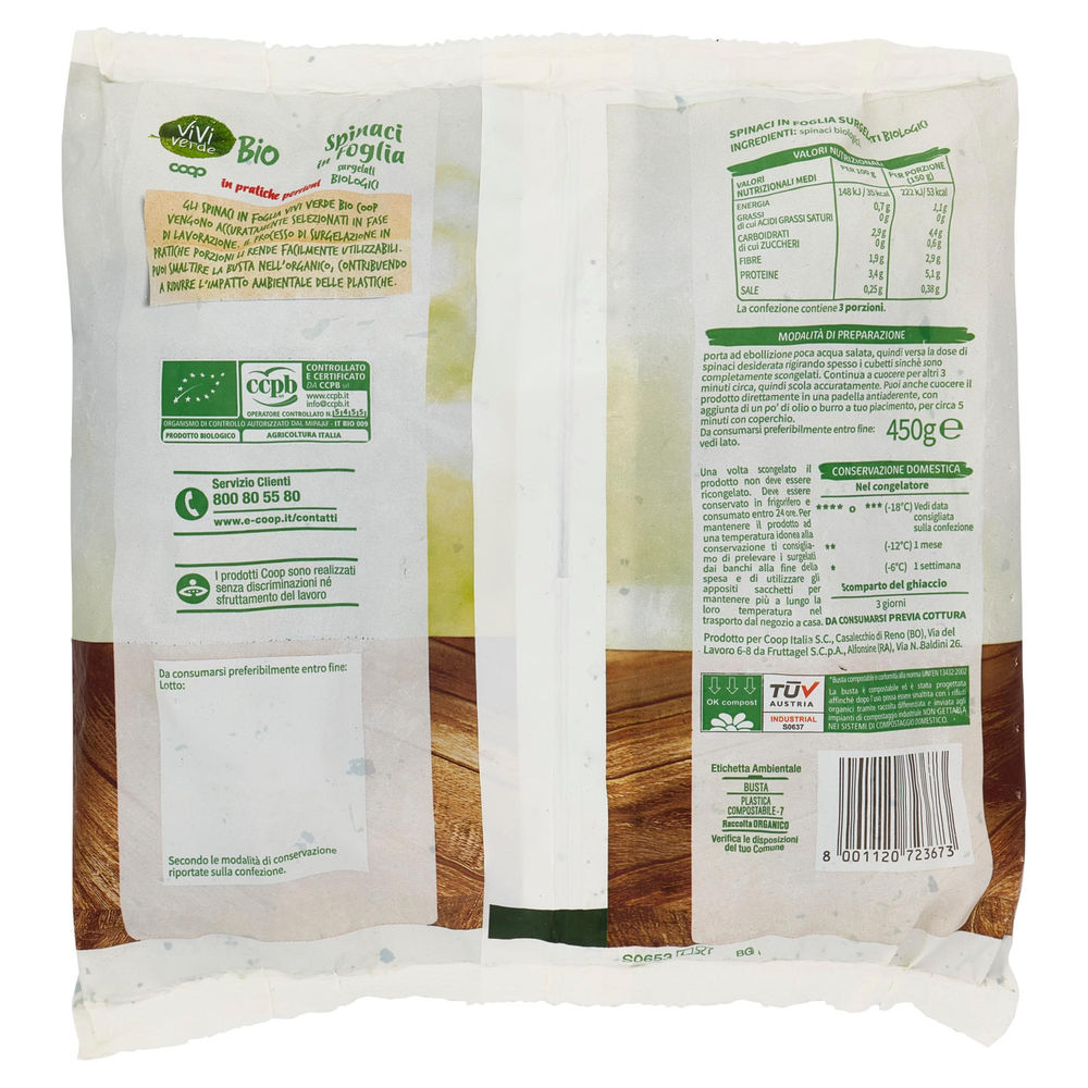 SPINACI IN FOGLIA VIVIVERDE COOP SURGELATI DA AGRICOLTURA BIOLOGICA BUSTA 450G - 1
