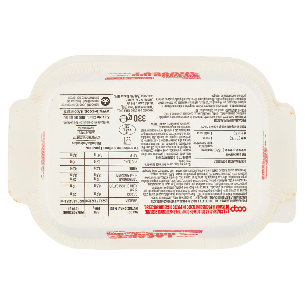 LASAGNE ALLA BOLOGNESE MONOPORZIONE COOP VASCHETTA SURG. G 330 - 1