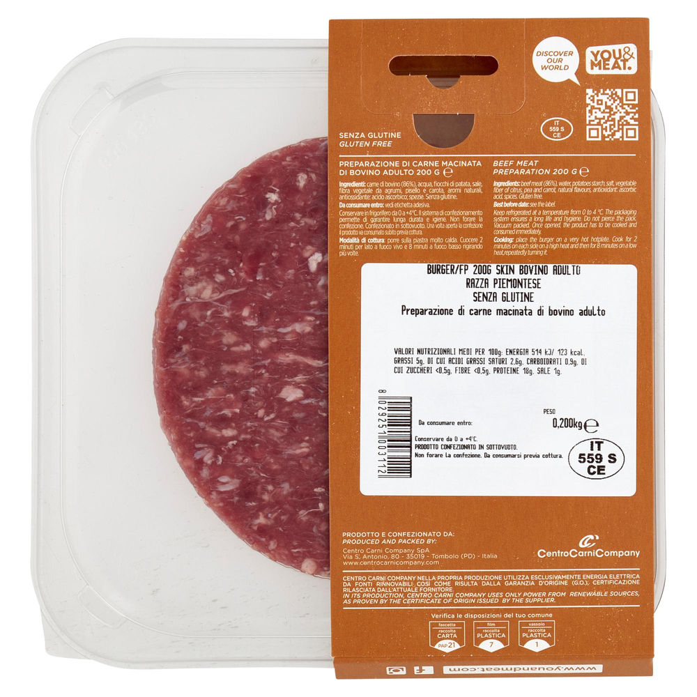 BURGER DI BOVINO ADULTO PIEMONTESE SKIN 200 G YOU&MEAT - 1