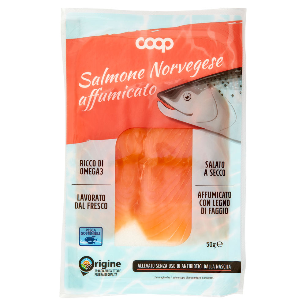 Salmone norvegese affumicato allevato s/antib origine. coop g 50