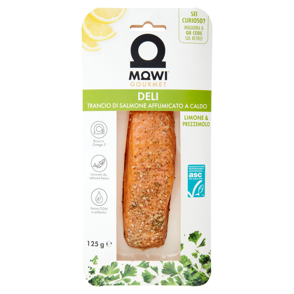 Trancio di salmone norv affumicato a caldo limone prezzemolo mowi pf 125 g skin