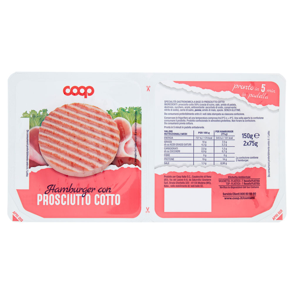 Hamburger con prosciutto cotto vaschetta biporzione coop g 150