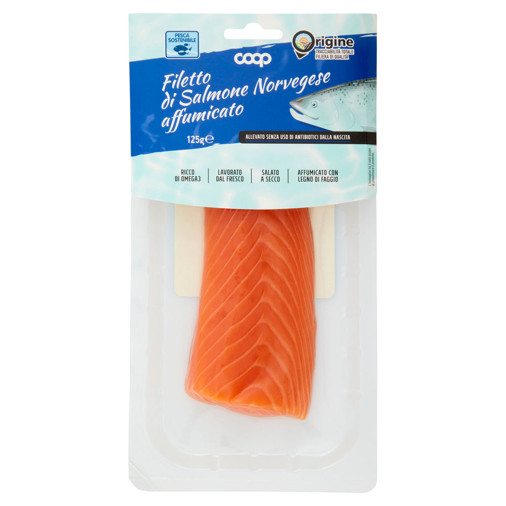 Filetto di salmone norvegese affumicato origine coop g 125